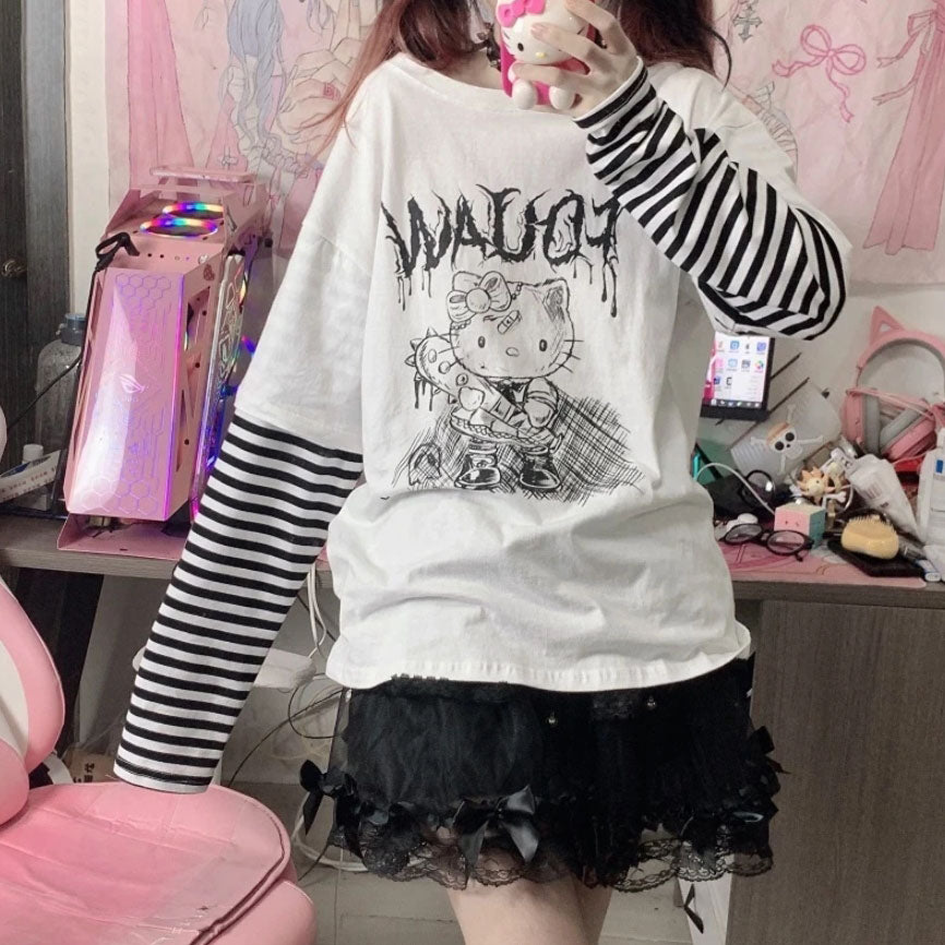 Tshirt Striped Long Sleeves Cute Kitten Sweet Kawaii