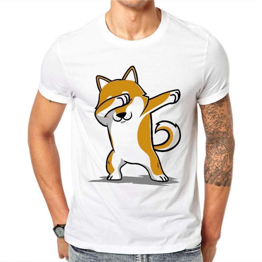 Trendy Funny T Shirt Men Dabbing Shiba Inu Fashion Cotton Tees Cartoon Dog White T-shirt Cotton Tops
