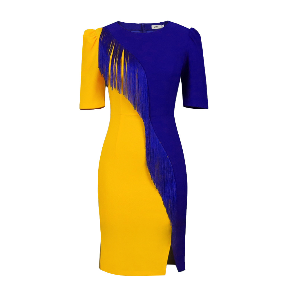 New Arrival Fashion Society Party Wear Solid Yellow Royal Blue Tassel Greek Sigma Gamma Rho Color Soror Women Bodycon Dress alx