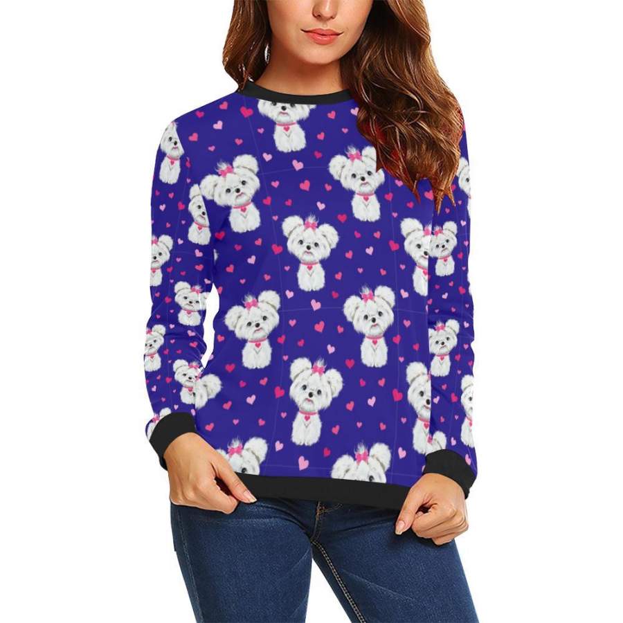 Puppy Dog Maltese Pattern Print Women Crewneck Sweatshirt