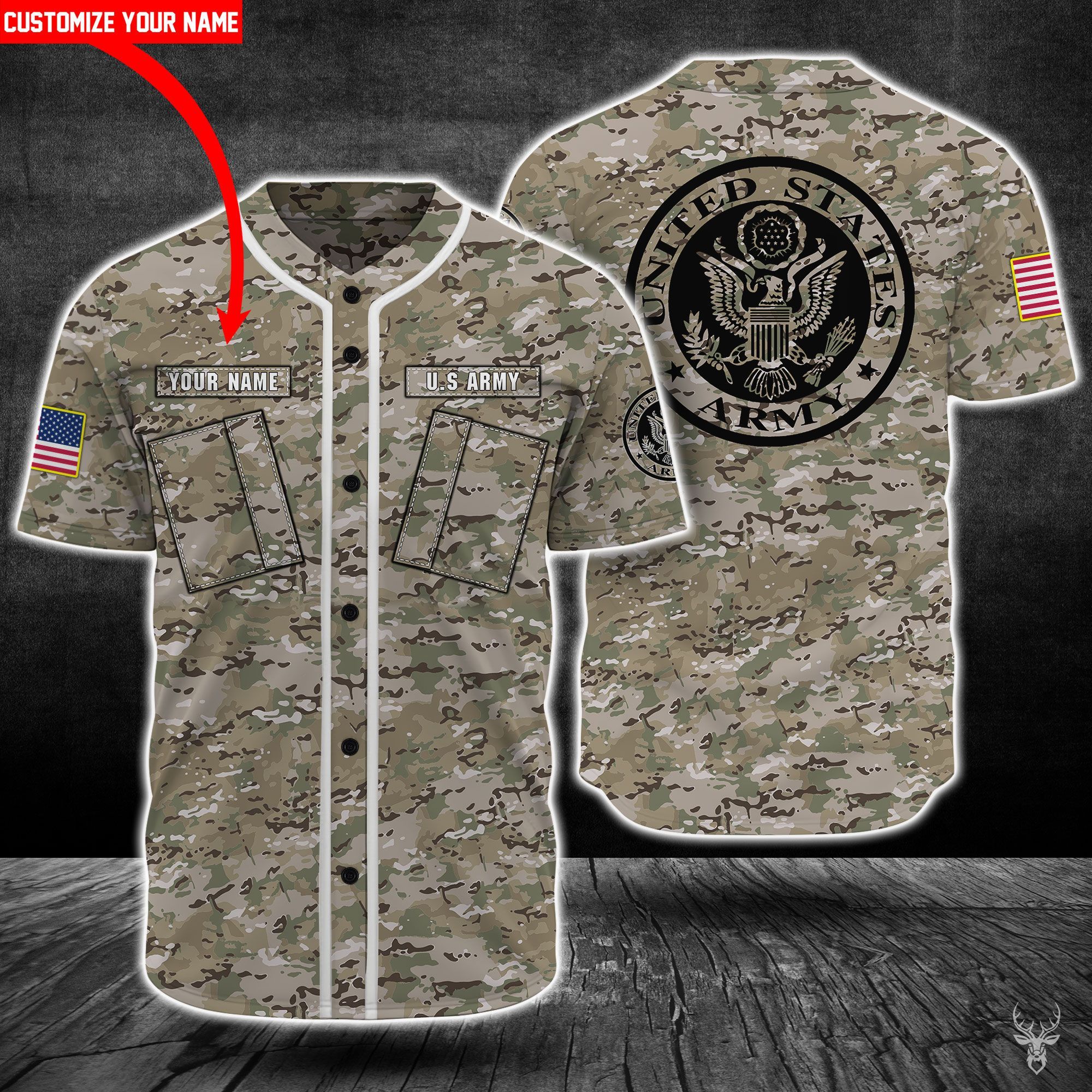 ZCB282009L04SK US ARMY CUSTOM NAME BASEBALL SHIRT CC