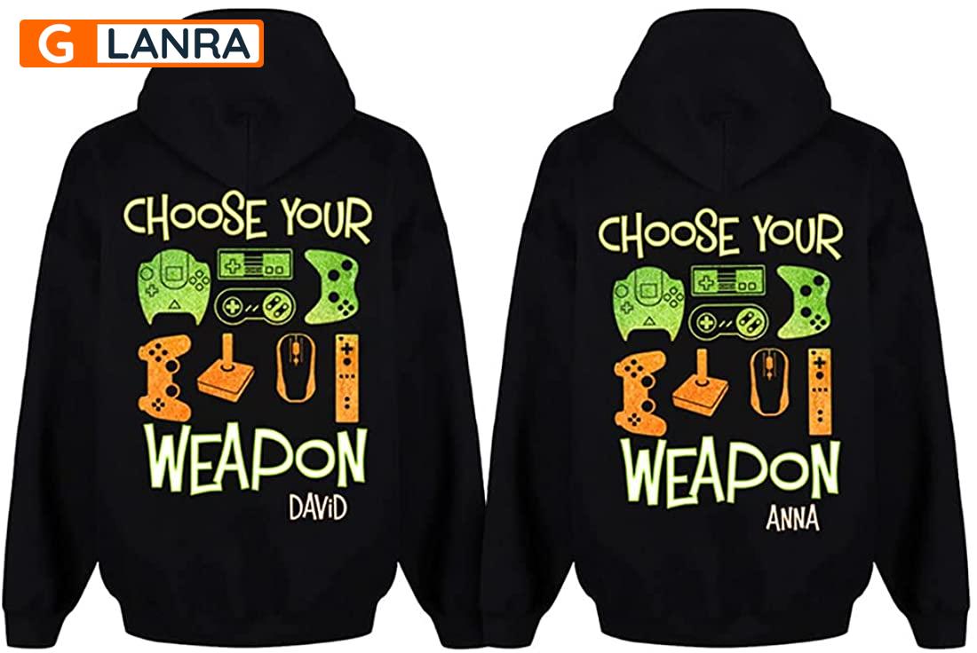 Personalized Choose Your Weapon Hoodie, Custom Gaming Couple Hoodie, Video Game Couple Hoodie, Husband Wife Hoodie, Unisex Sweater, Sweatshirt