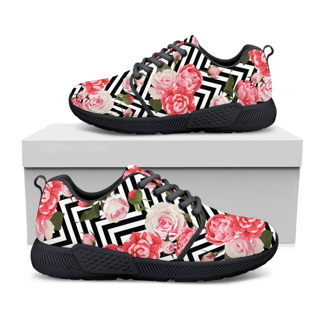 Zigzag Peony And Rose Pattern Print Black Athletic Shoes