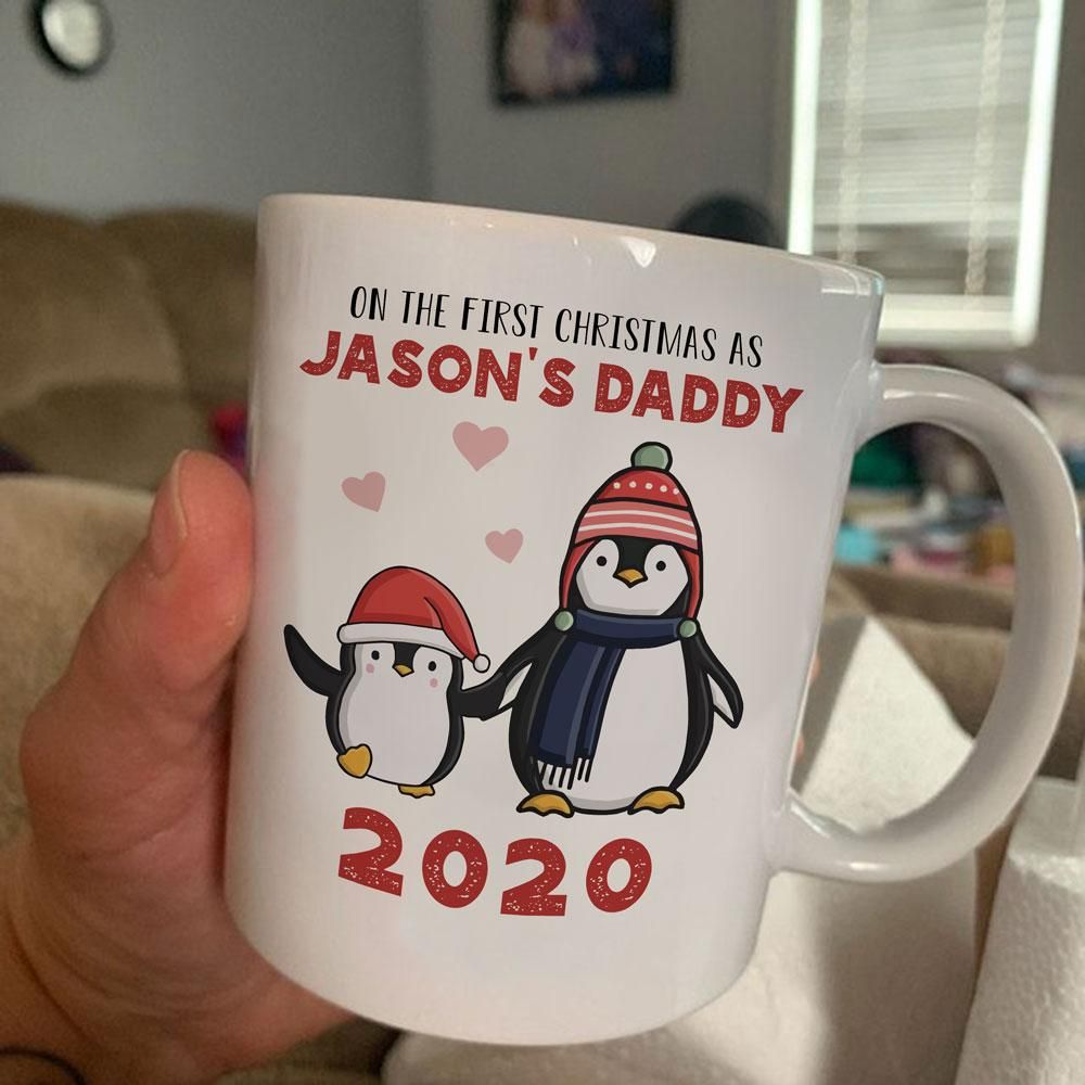 Cute Penguin On The First Christmas As Jason’s Daddy Custom Name Printed Mug