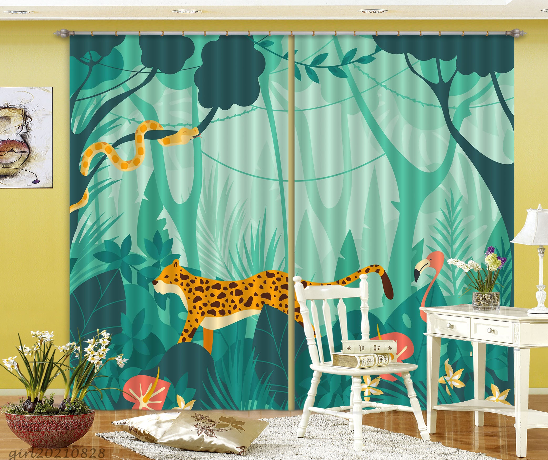 3D Cartoon Green Forest Animal Leopard Curtains And Drapes Lqh 33