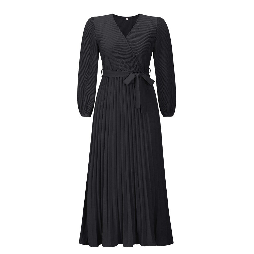 2022 autumn/winter foreign trade women’s new V-neck long sleeve pleated A-line dress women’s mid-length dress alx