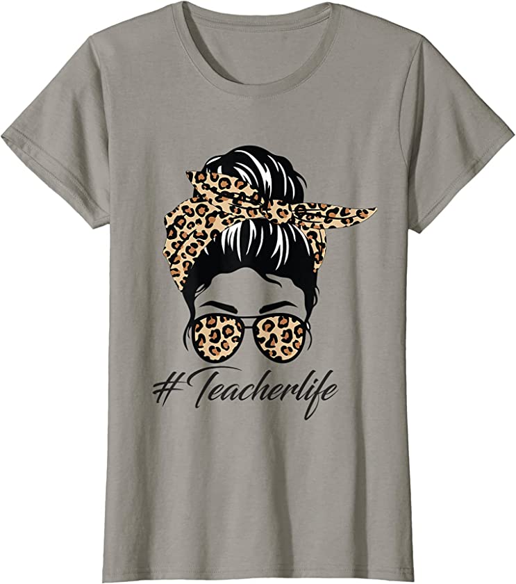 Womens Teacher Life Funny Messy Bun Hair Band Glasses Leopard Print T-Shirt