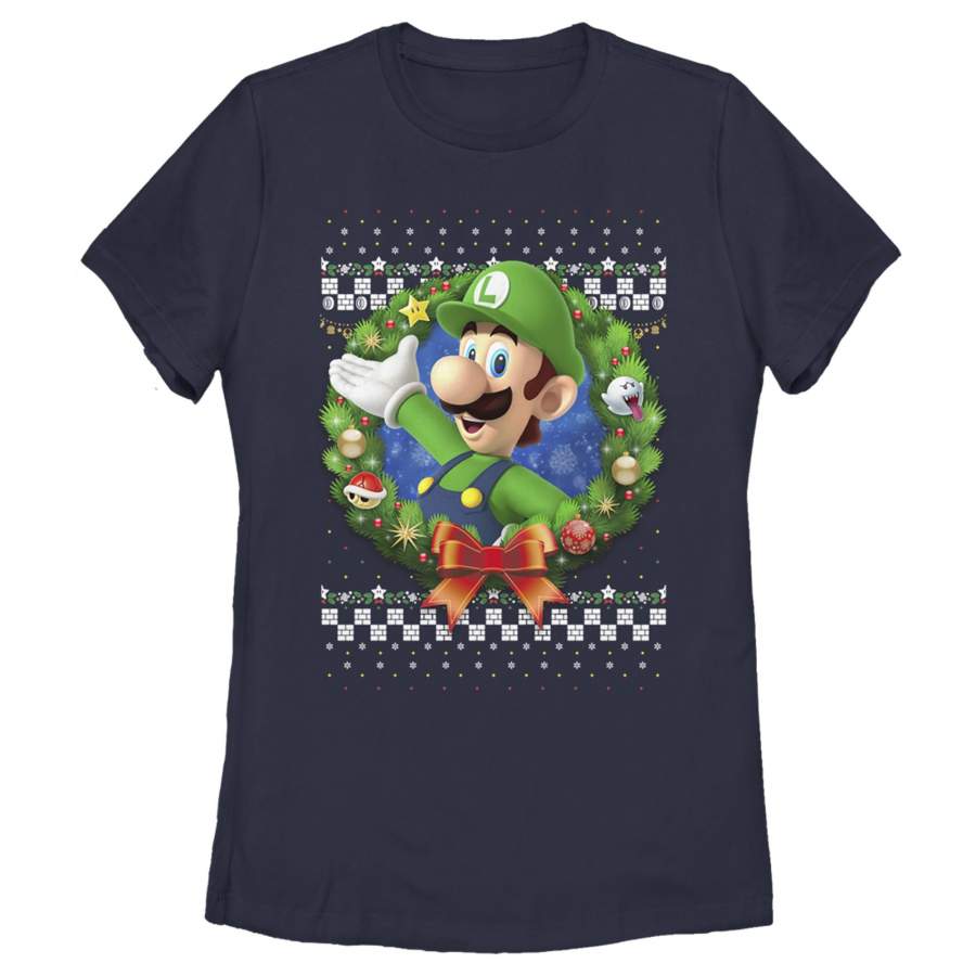 Nintendo Women’s Christmas Luigi Wreath  T Shirt