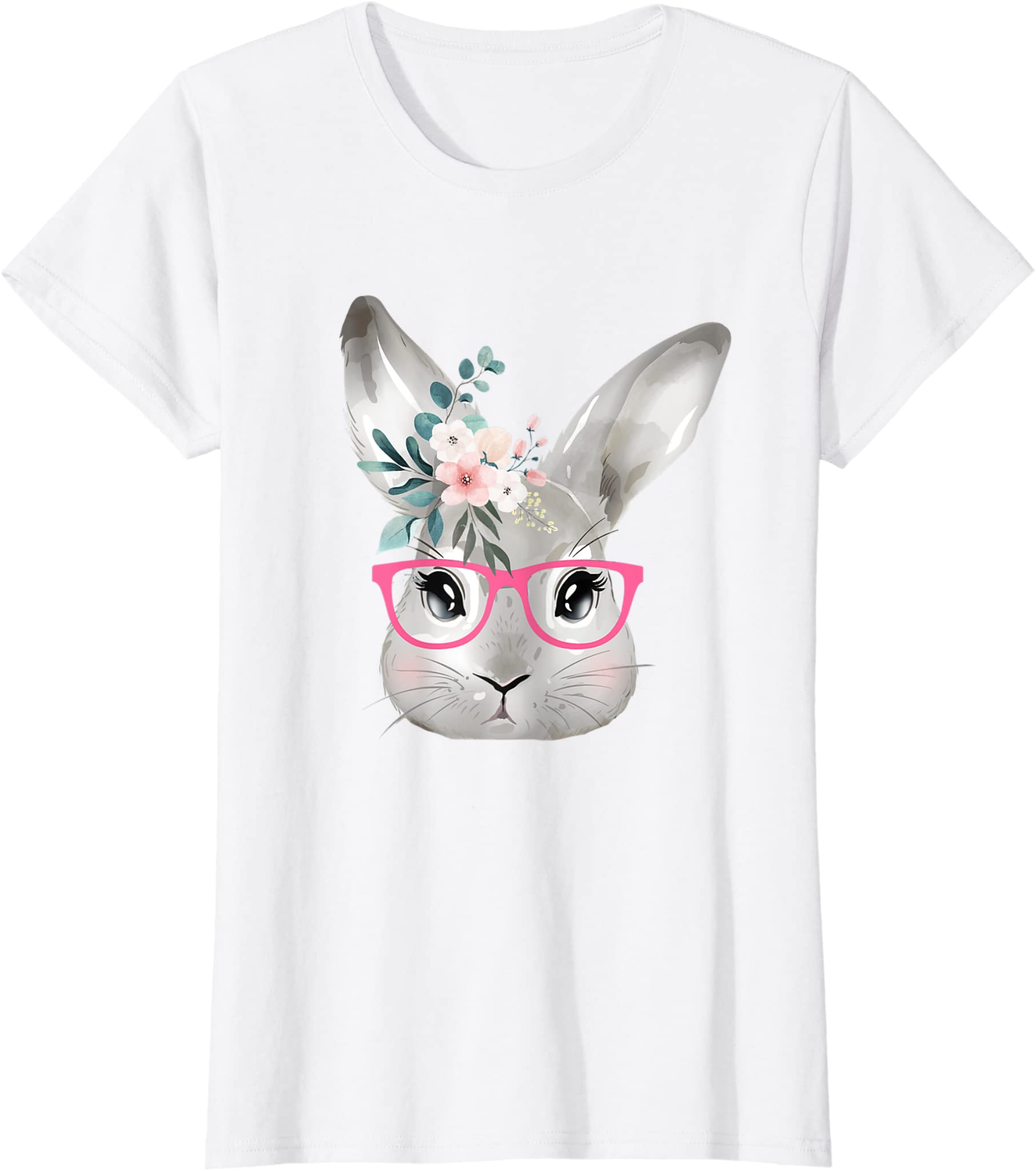 Cute Bunny Face With Pink Glasses, Easter Rabbit Floral T-Shirt