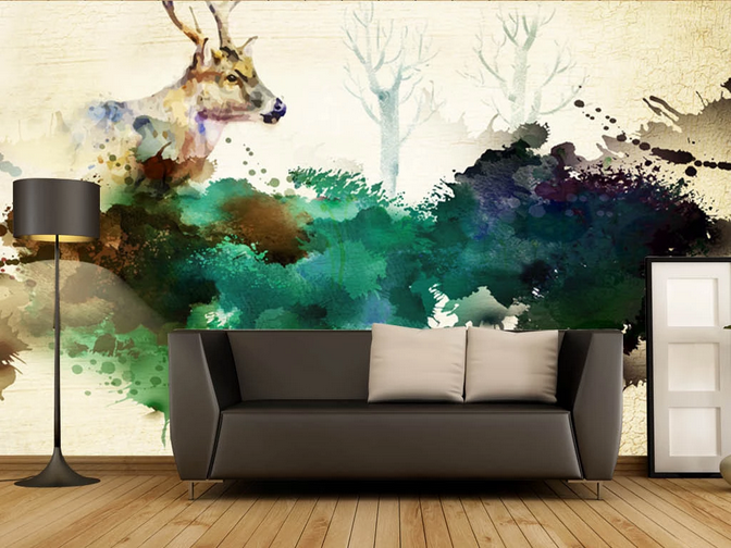 3D Watercolor Forest Animal Elk Wall Mural Wallpaper Lqh 359