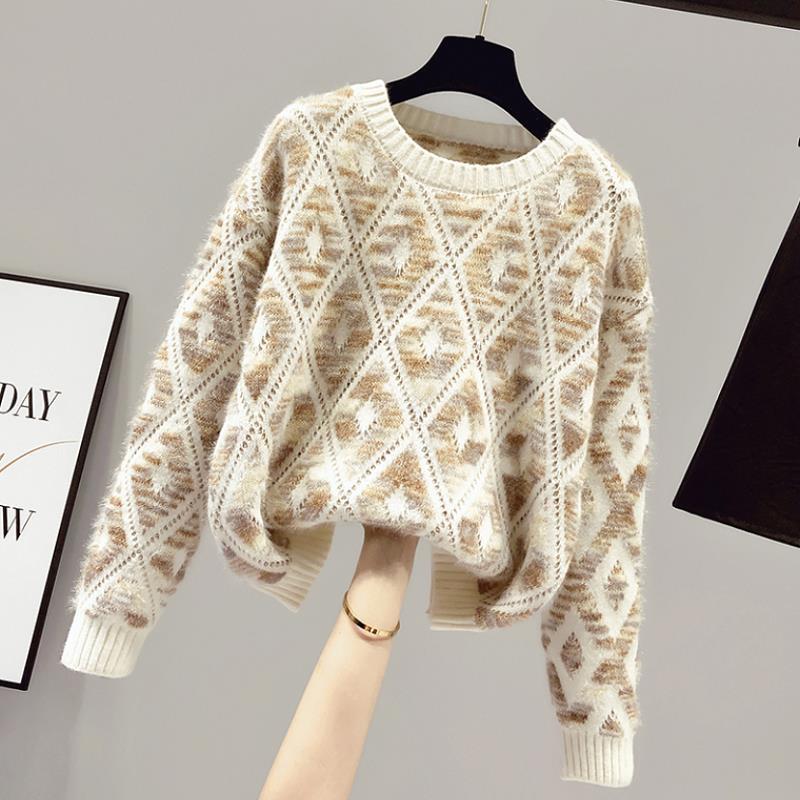 Autumn Winter Round Neck Geometric Knitted Pullovers for Women 2022 New Plus Velvet Thickening Korean Fashion Sweaters Chic Tops alx