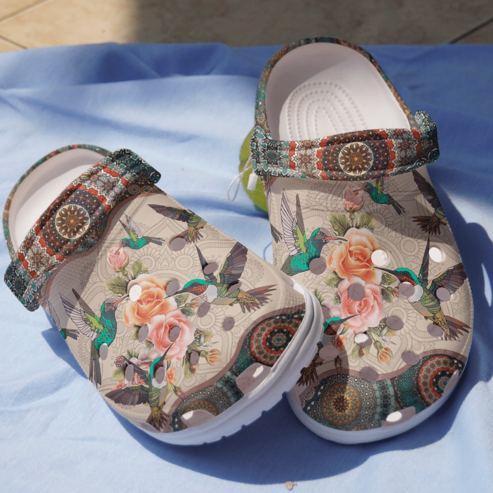 Hummingbirds Hippie Girl Vintage Shoes – Floral Bird Crocs Clogs Birthday Gift – Honey-Hmb