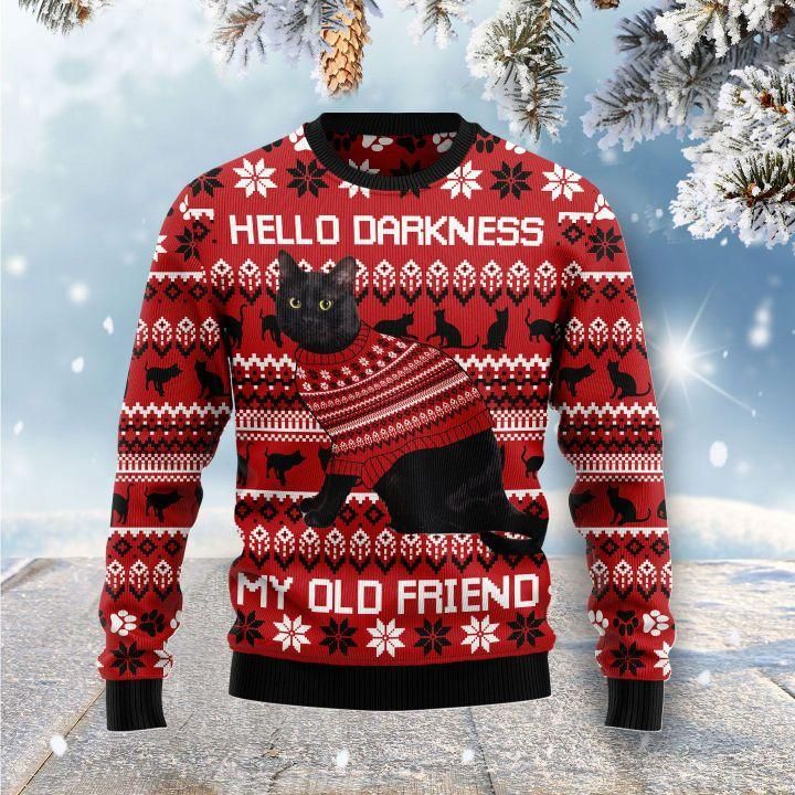 Black Cat Hello Darkness My Old Friend Ugly Christmas Sweater