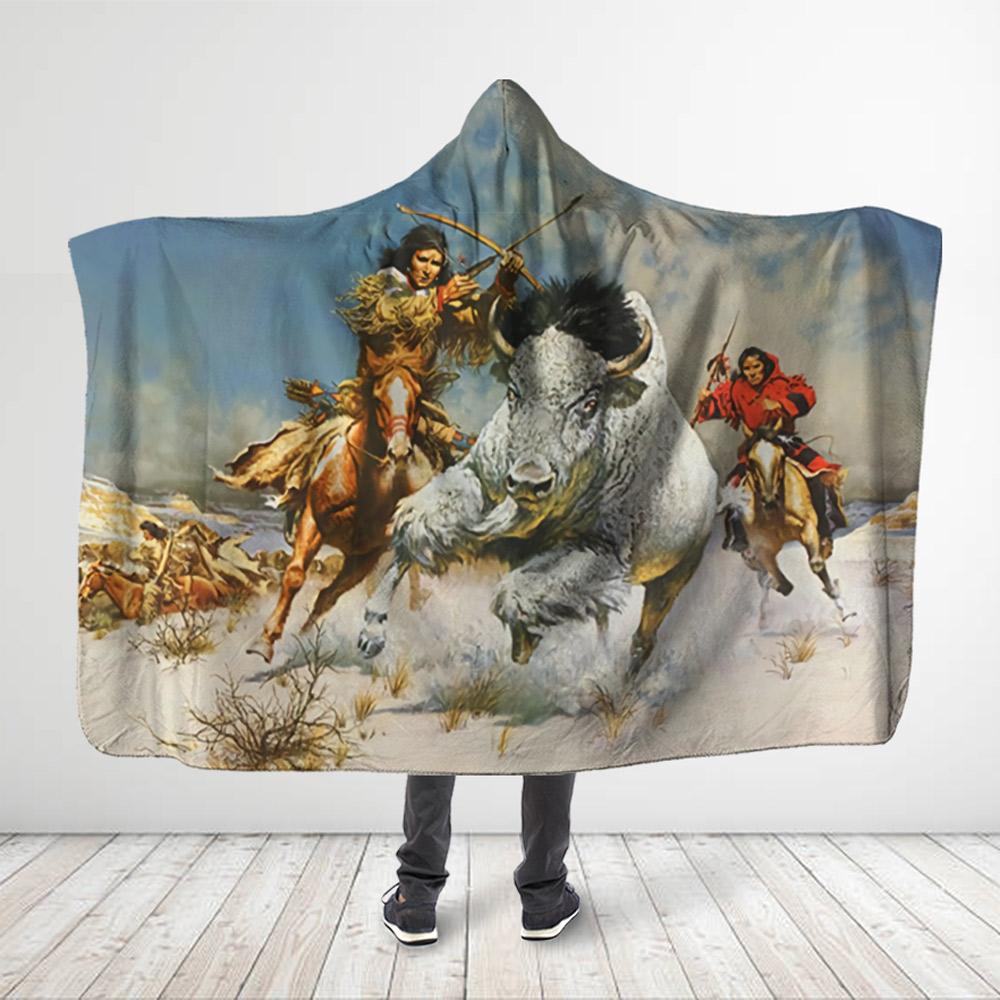 ViticStore™ Native Buffalo 3D All Over Printed Hunting White Buffalo Hooded Blanket