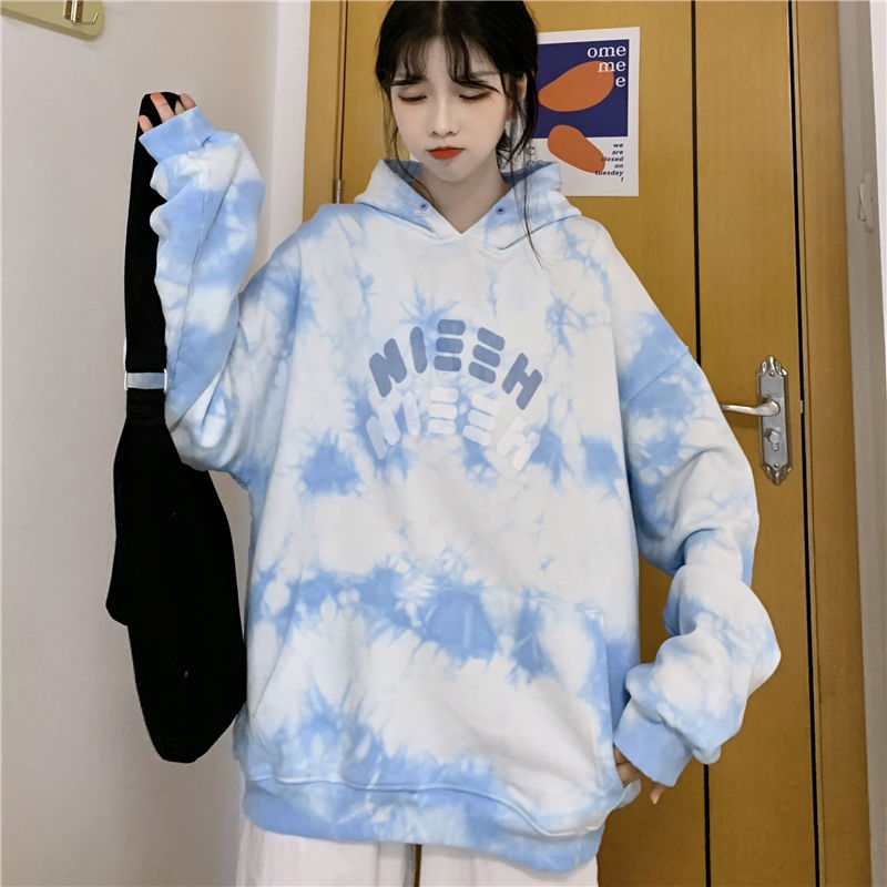 Tie dye winter clothes women sweatshirt kpop Korean blue femme hoodie undefined gothic oversized among us tops худи толстовка alx