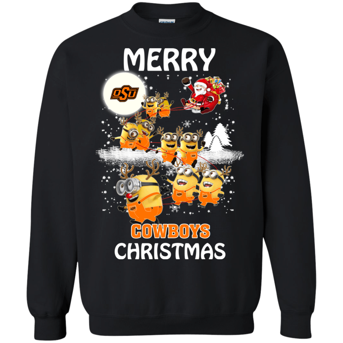 Incredible Okalahoma State Cowboys Minion Ugly Christmas Sweaters Santa Claus With Sleigh Hoodies Sweatshirts