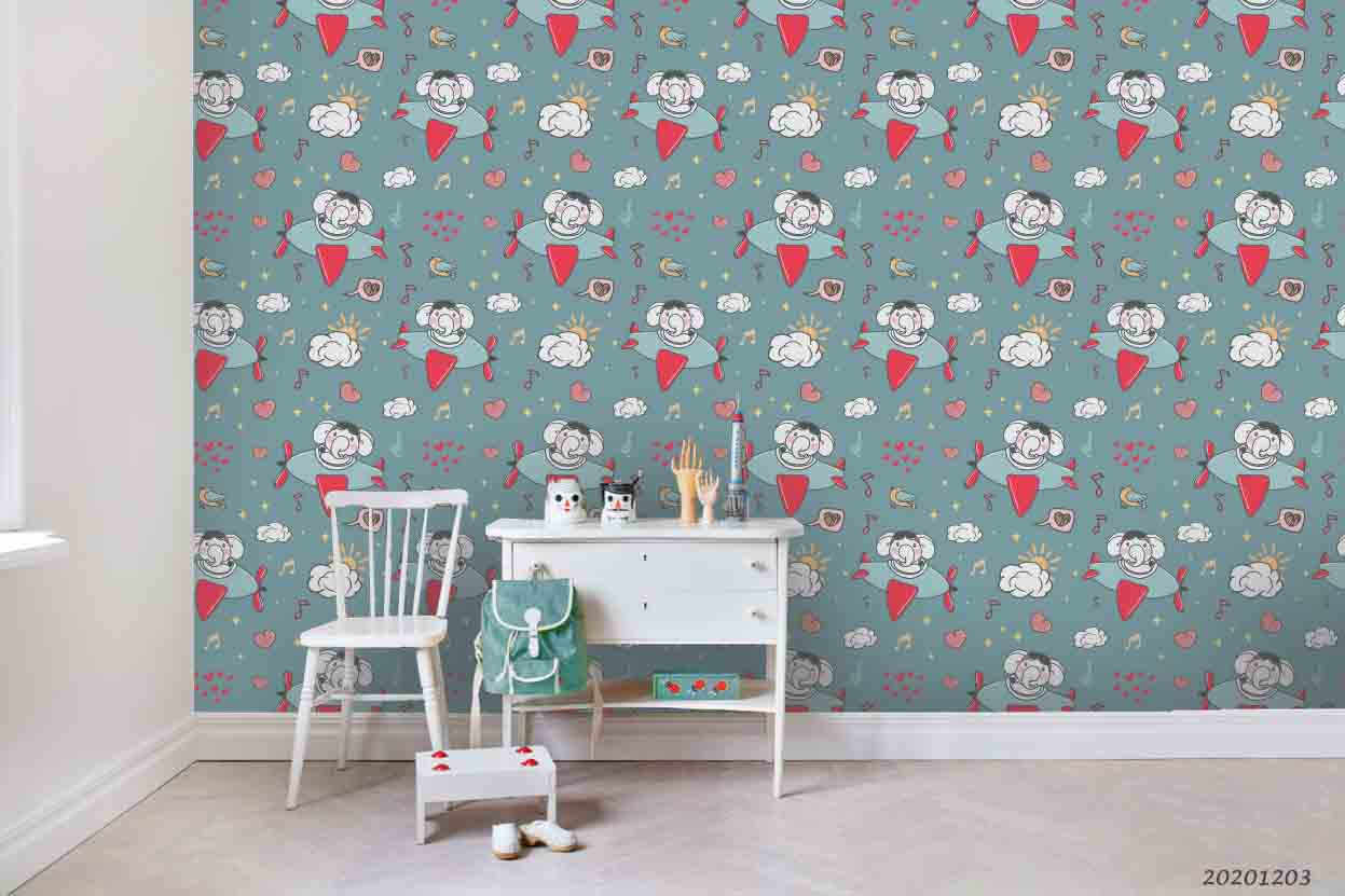 3D Cartoon Elephant Animal Airplane Pilot Pattern Wall Mural Wallpaper Lxl