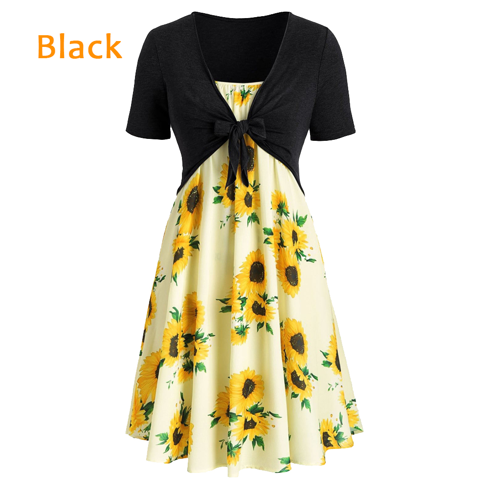 Women Sunflower Mini Dress Summer Vintage Short Sleeve Plus Size Female Dress Two Piece Suit Bandage Women Party Dress Vestidos alx