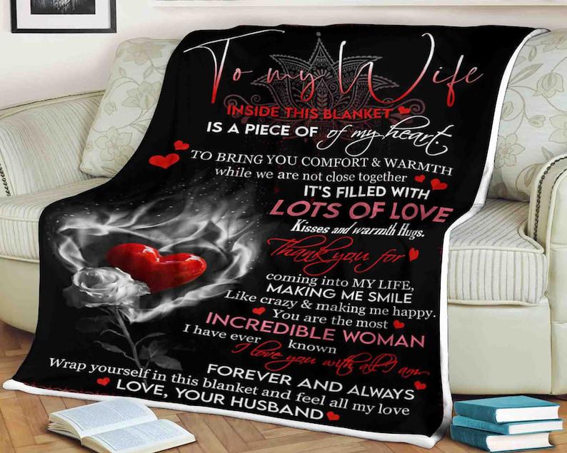 To My Wife Heart Rose Blanket It’S Filled With Lots Of Love Kisses And Warmth Hugs,Love Your Husband,Gift For Wife Family Home Decor Bedding Couch Sofa Soft And Comfy Cozy