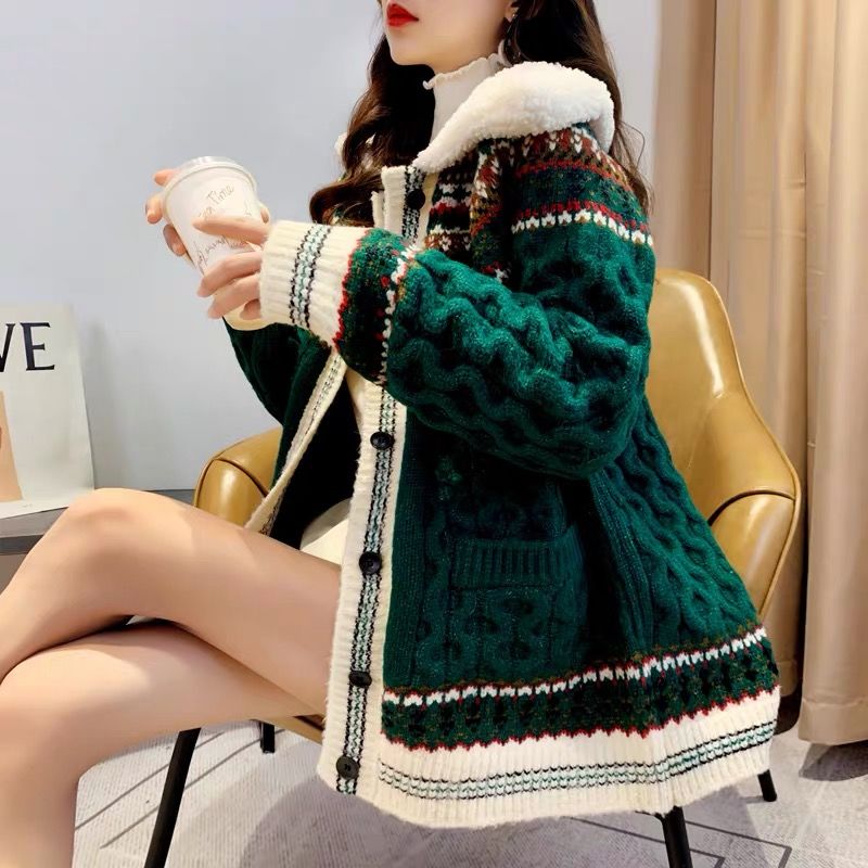 Christmas Knitted Sweater Female 2022 New Year Embroidery Sweater Large Thickened Warm Knitted Long Sleeved Cardigan Sweater alx