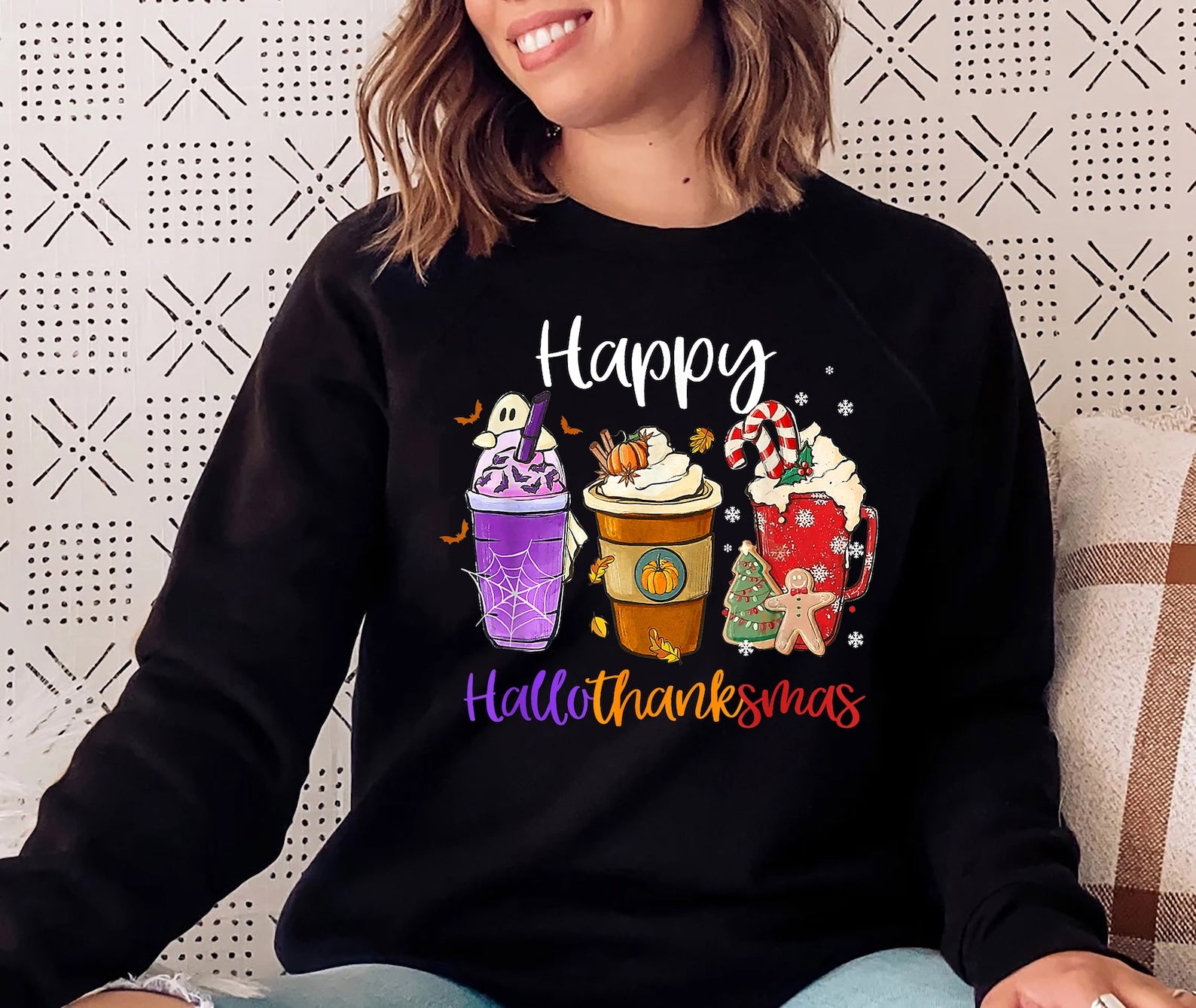 Happy Hallothanksmas Sweatshirt Halloween 2D Crewneck Sweatshirt All Over Print Sweatshirt For Women Sweatshirt For Men Sws3577