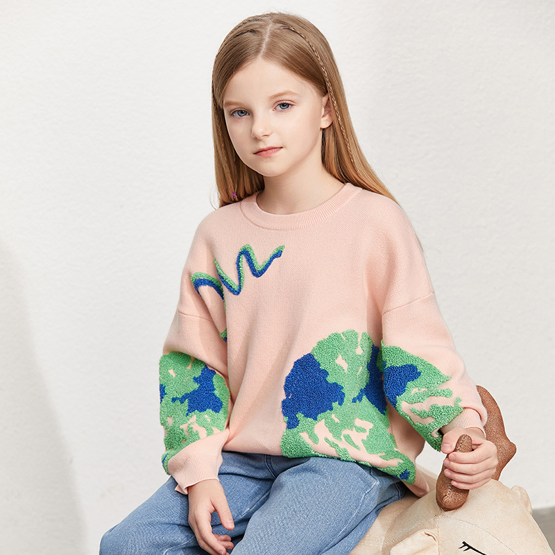 amii kids Girls Sweater Clothes 100% Cotton Embroidery Loose Children Pullovers Teenager Girls Oneck Knitted Tops 22140118 alx