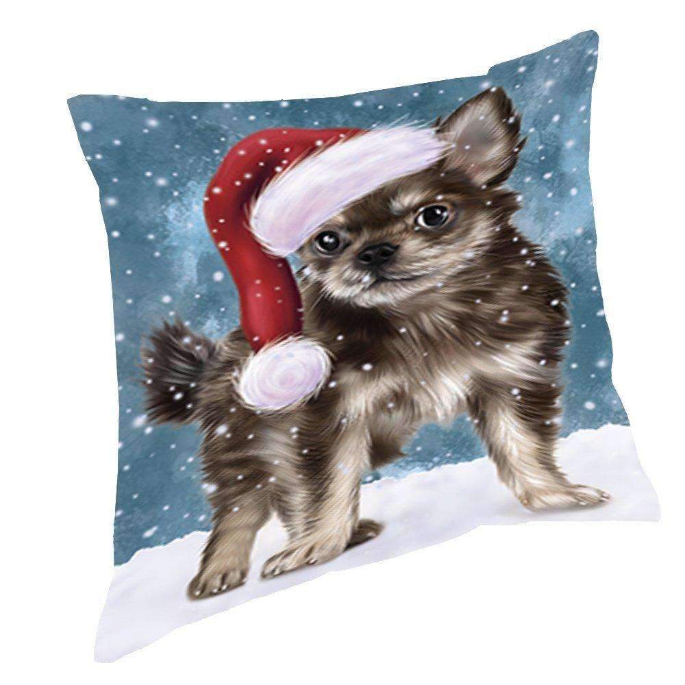 Let It Snow Christmas Holiday Chihuahua Puppy Dog Wearing Santa Hat Throw Pillow D437