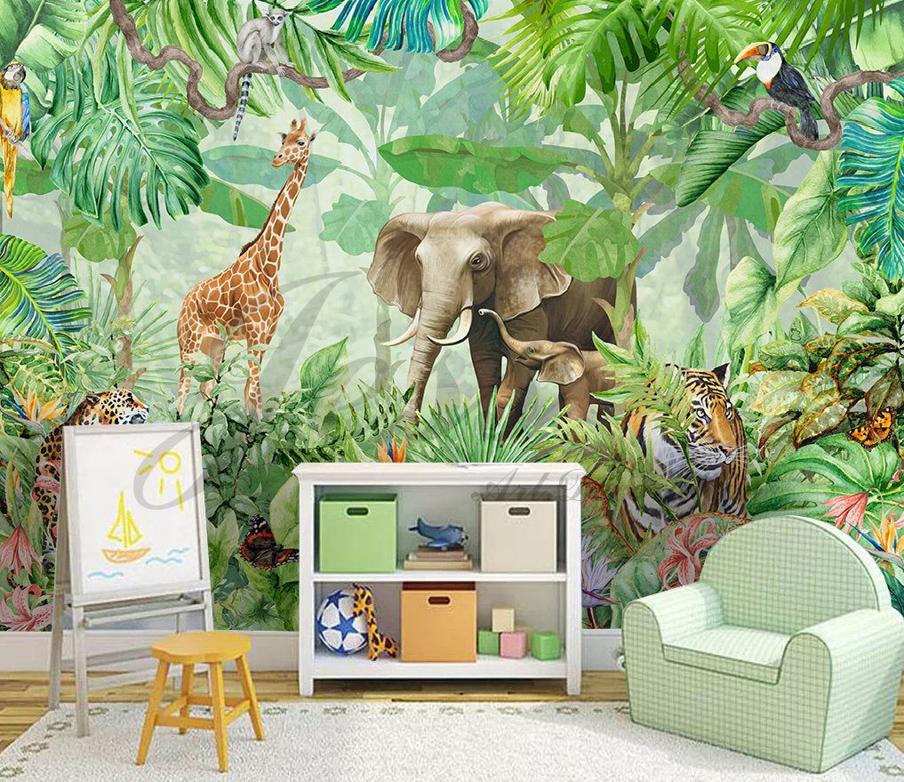 3D Nursery Kids Animals  Elephant Giraffe Removable Wallpaper