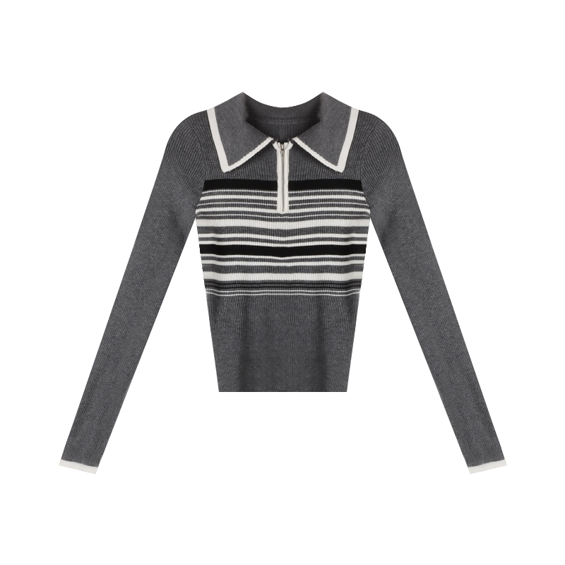 Striped Tight Knited Cropped Sweater Women 2022 Winter Japenese Aesthetics Long Sleeve Zipper Turndown Collar Jerseys Clothes alx