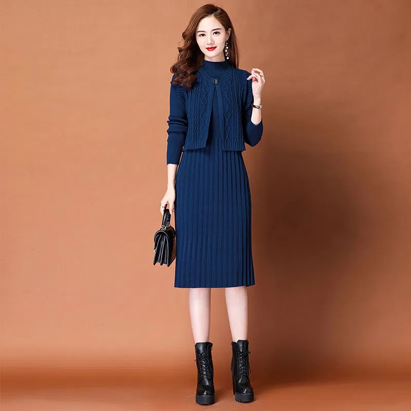 Vintage Knitted Dress Two Piece Set Women Elegant Cropped Vest Cardigan + Half Turtleneck Slim Winter Bottoming Sweater Dresses alx