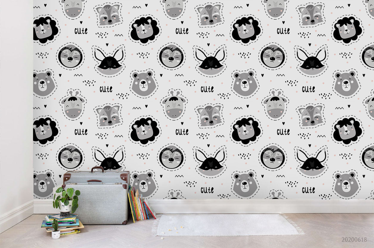 3D Cartoon Animal Head Gray Wall Mural Wallpaper A126 Lqh