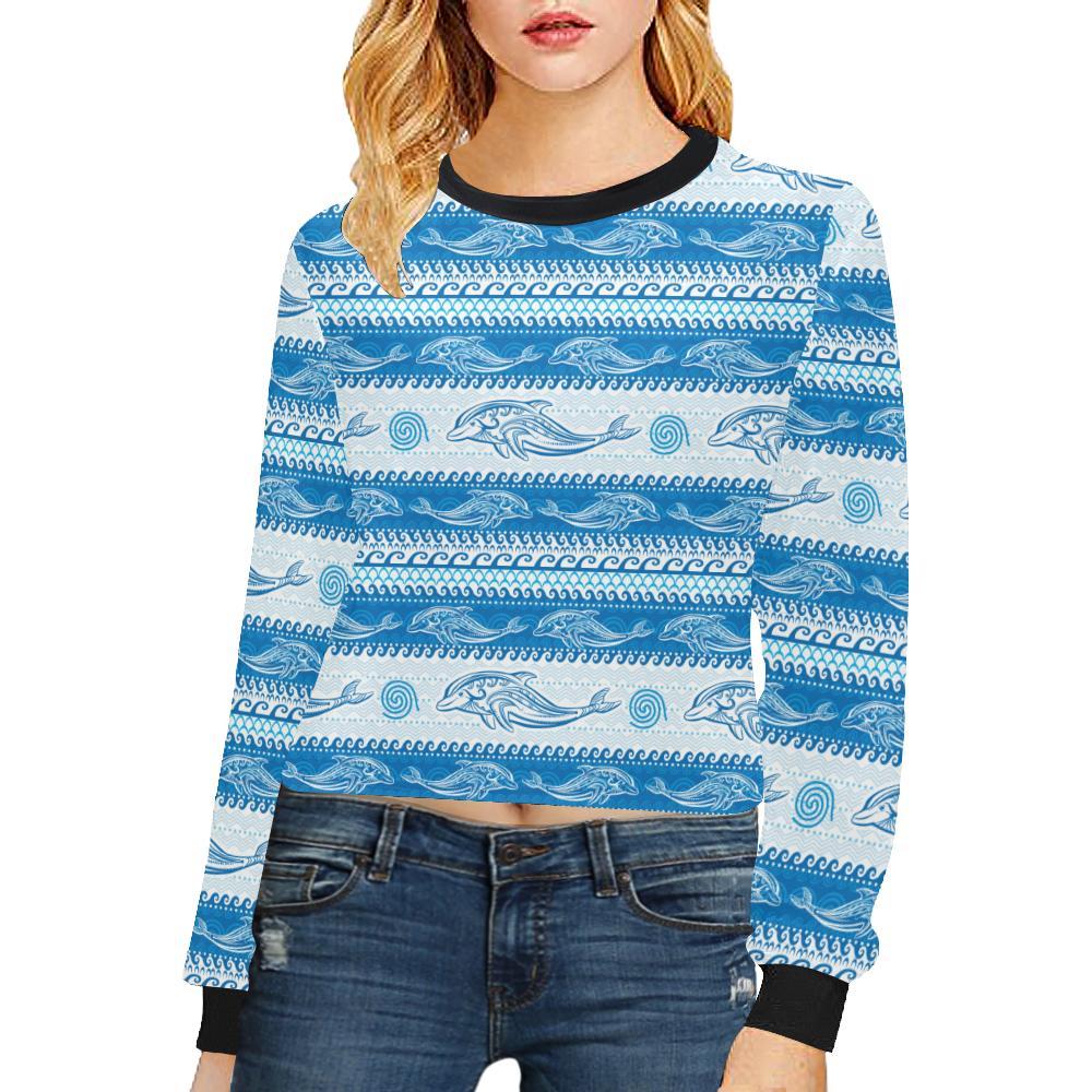 Dolphin Tribal Print Pattern Cropped Pullover Sweatshirt