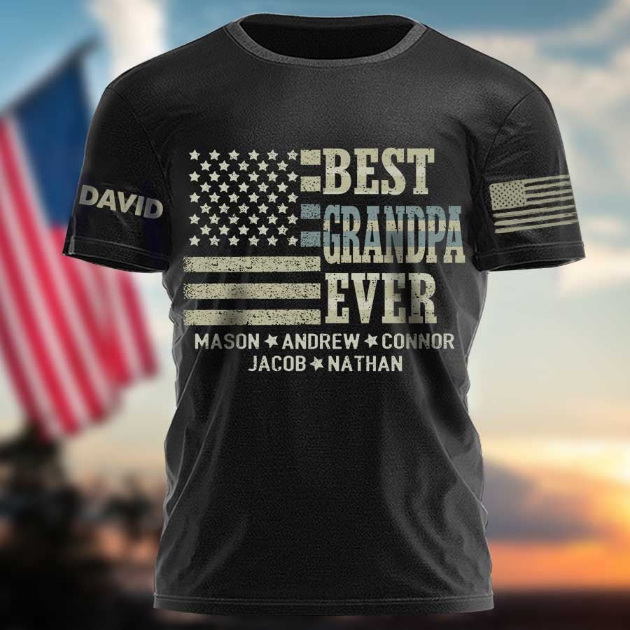 Personalized Vintage American Flag Best Grandpa Ever T Shirt, Custom Name Papa On Sleeves