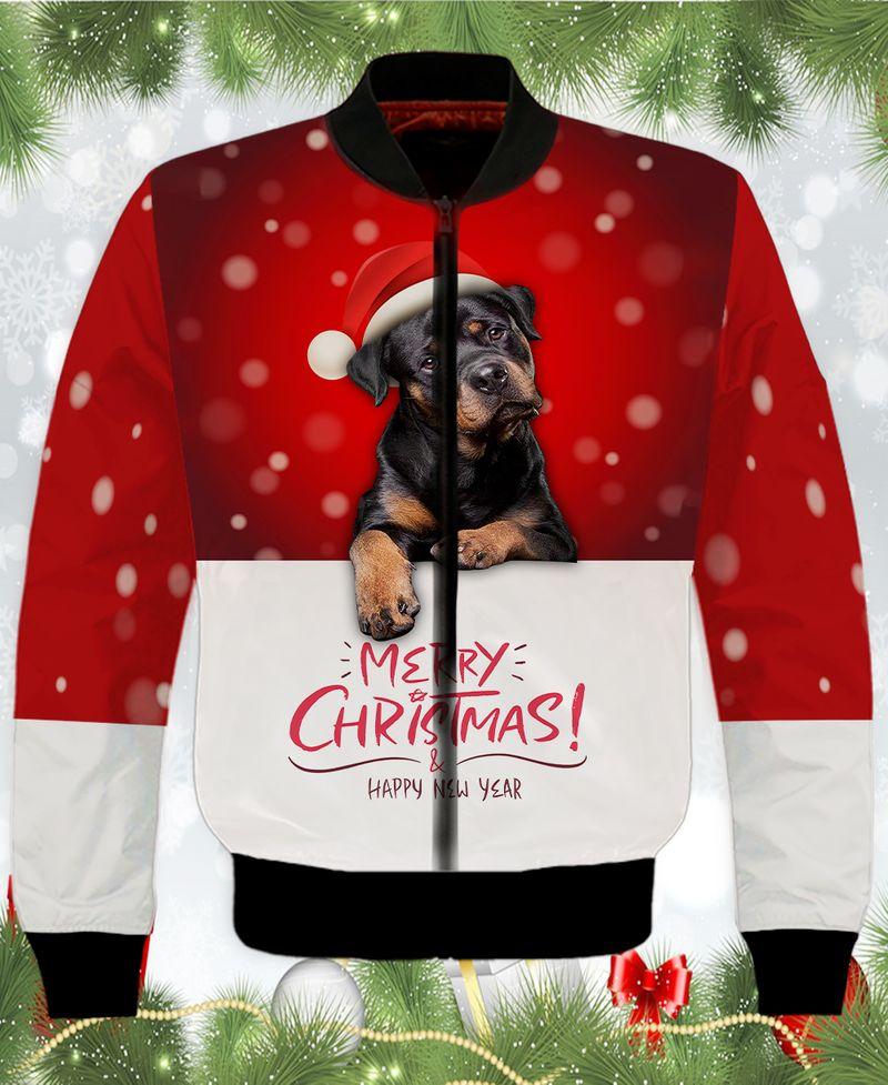 3D Rottweiler With Santa Hat Shirts Gift For Christmas Holiday 3D Bomber