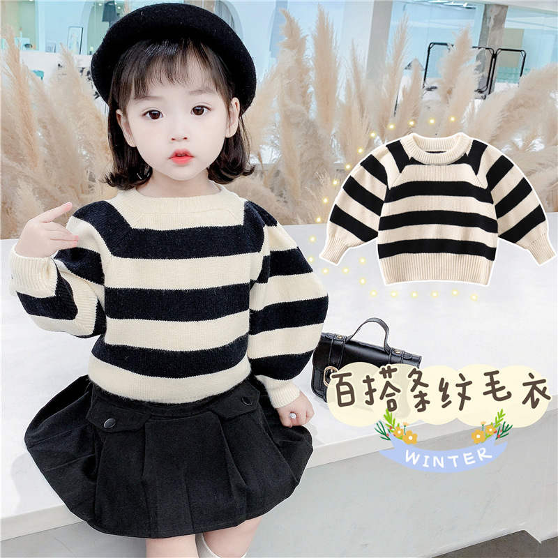 Sweater O-neck Collar Full Sleeve Striped Pullover Cotton New Fashion Warm Cute Simple Comfortable Winter Autumn Kids Girls alx