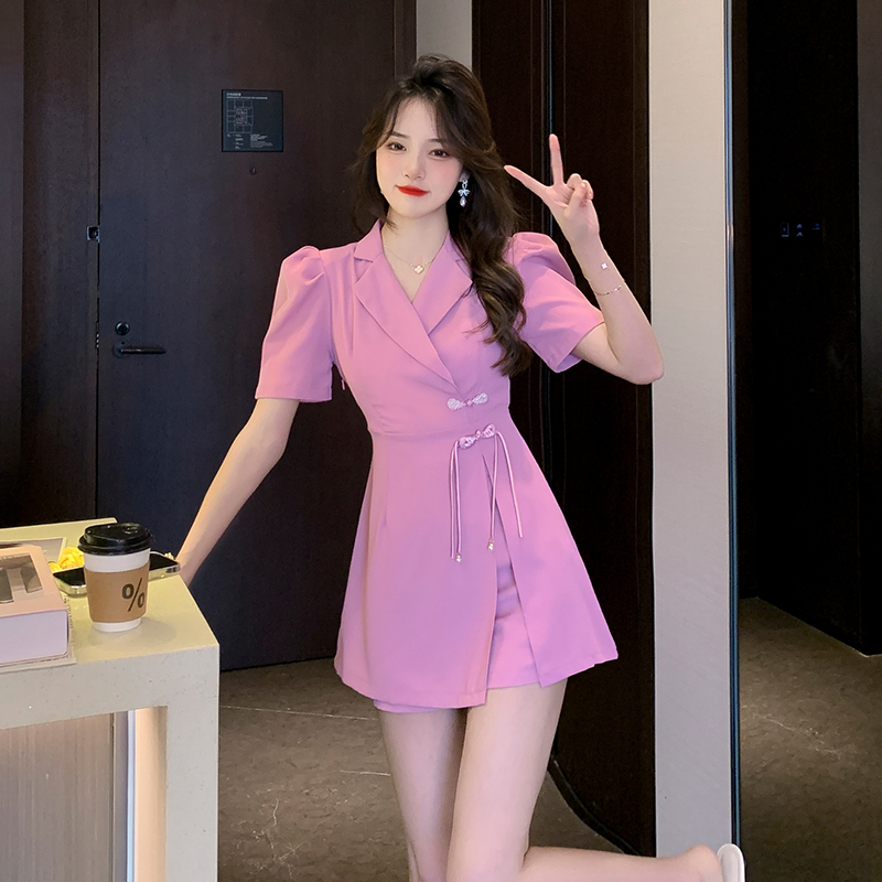 2022 Summer New Elegant Blazer Dress Outfits Bodycon Puff Sleeve Split Dress and Shorts Two-Piece Set Suits Female Retro Outfits alx