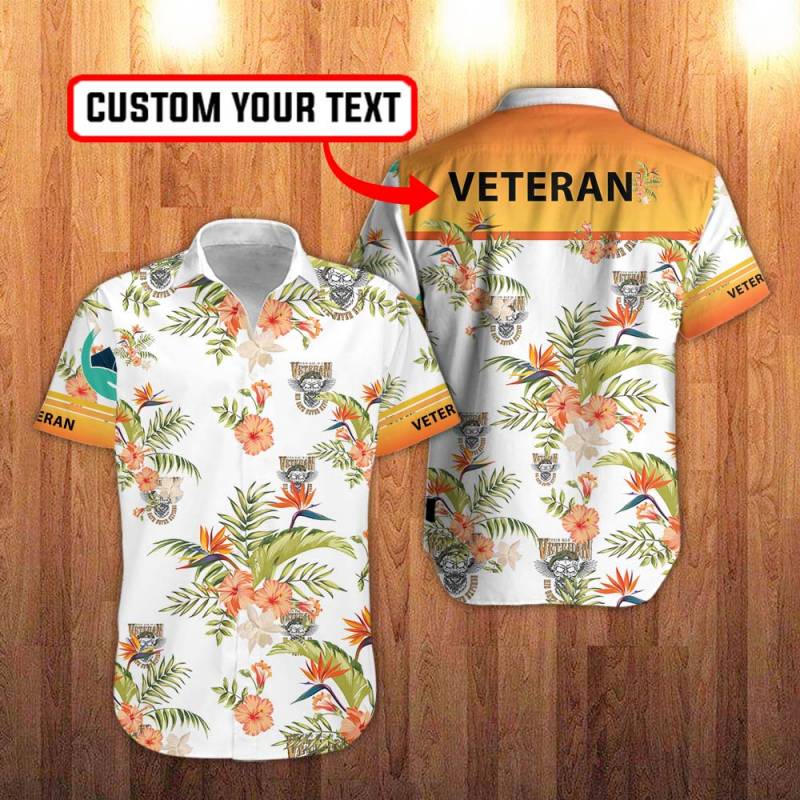 Veteran Floral Hawaiian Shirt in White And Hawaiian Hibiscus Flower Personalization 3D Full Print Button Shirt