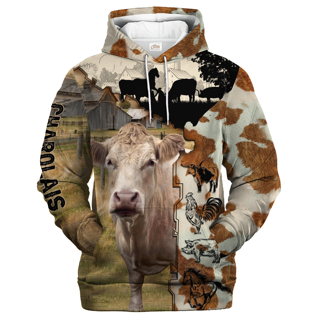 Charolais Fur Pattern On The Farm Hoodie, Cute Cow Hoodie 3D All Over Print