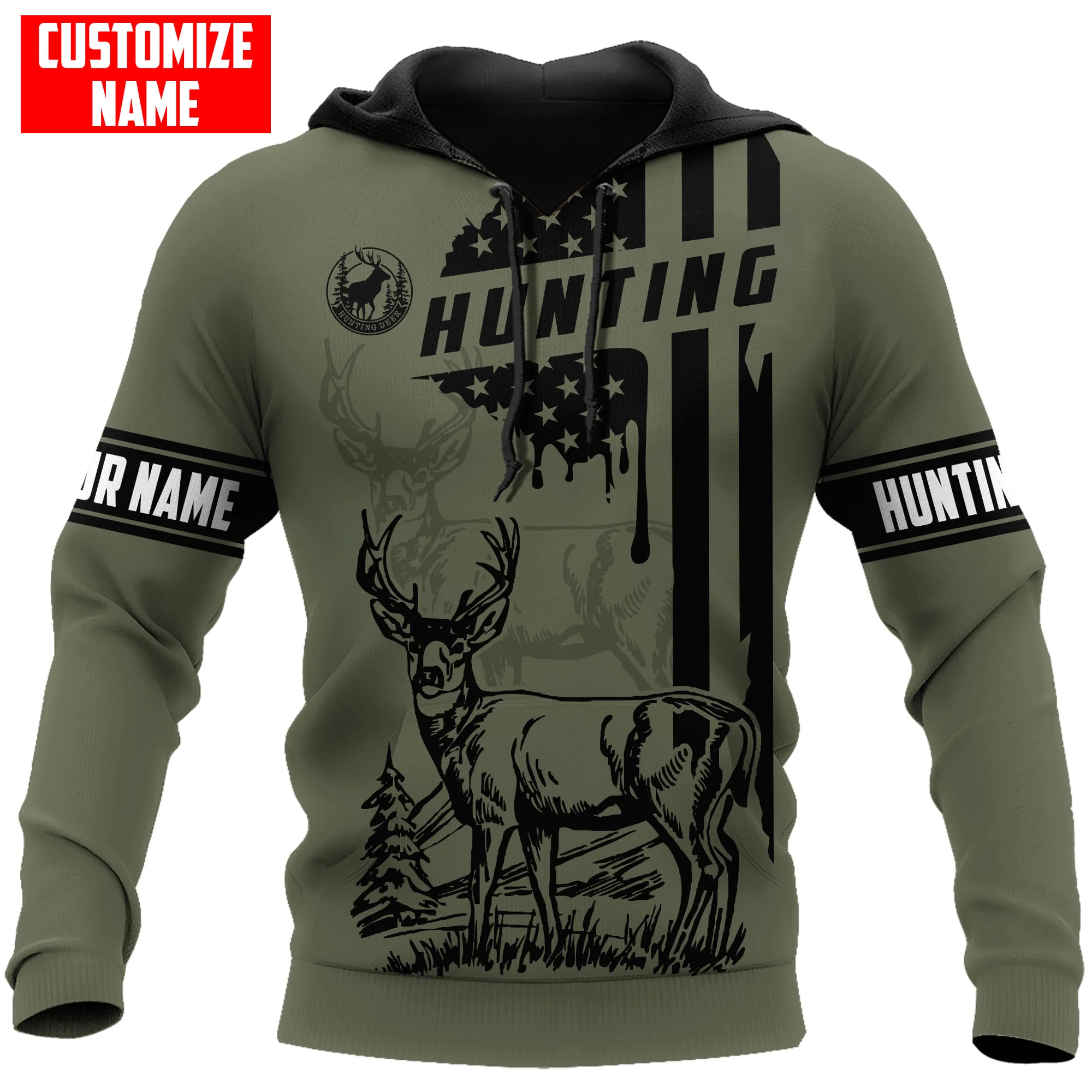 Custom Name Hunting 3D Hoodie With Usa Flag Pattern, American Deer Hunting Hoodies