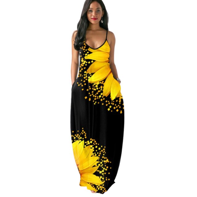 2021 Sunflower Print Long Maxi Dress Sleeveless Women Summer Sexy V-Neck Black Strappy Dress Open Back vestido de verano alx