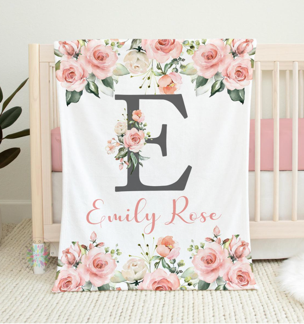 Blush Pink Floral Roses Baby Blanket, Personalized Baby Blanket Gift, Watercolor Flowers Pink Coral Rose Personalized Blanket, Baby Shower Gift