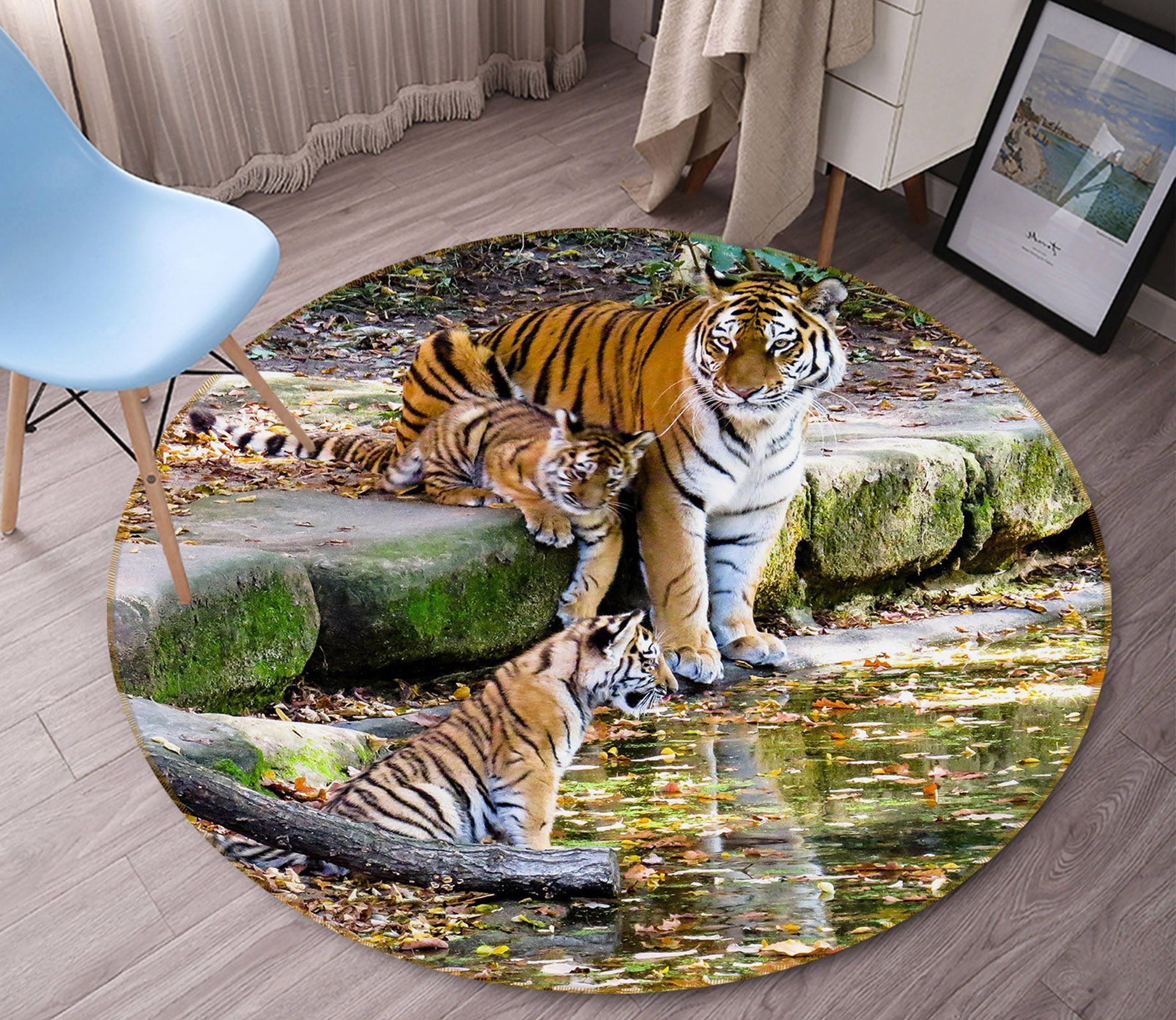 3D Tiger On Riverside Round Rug – Round Carpet Home Decor