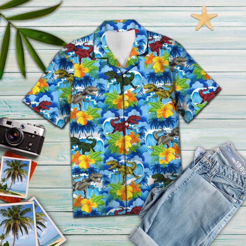 Dinosaur Blue Hawaii Vintage Hawaii Shirt Ha6527