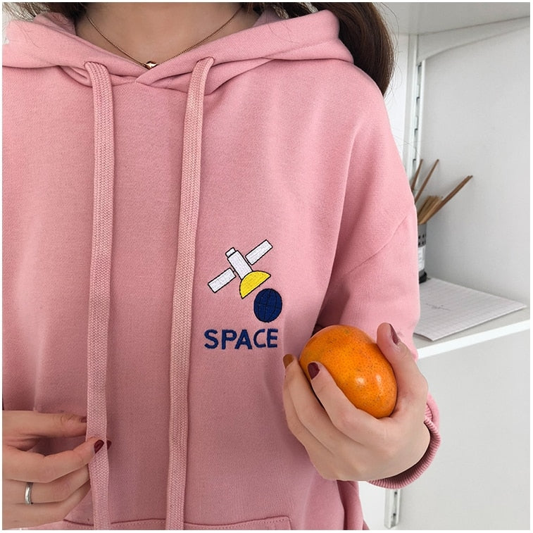 Space Embroidery Pocket Print Hoodie