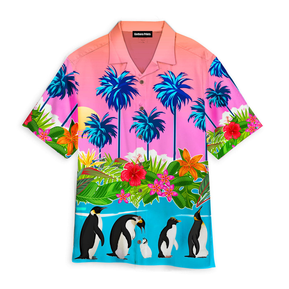 Palm Tree Penguin Tropical Leaves Pink And Blue Aloha Hawaiian Shirts For Men Amd For Women Wt9814