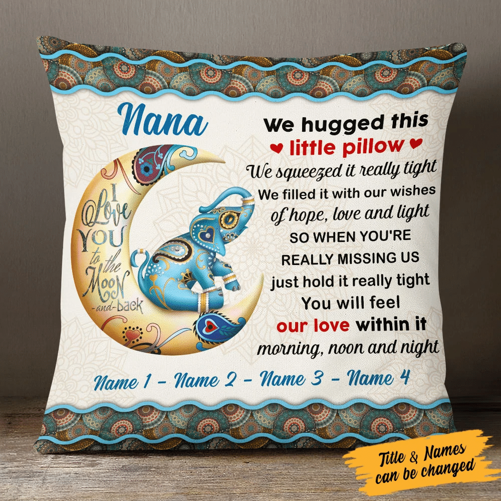 Personalized I Love You To The Moon And Back Pillow, Custom Grandma Mom Pillow, Grandkid Pillow, Elephant Mandala Pillow (Insert Included)