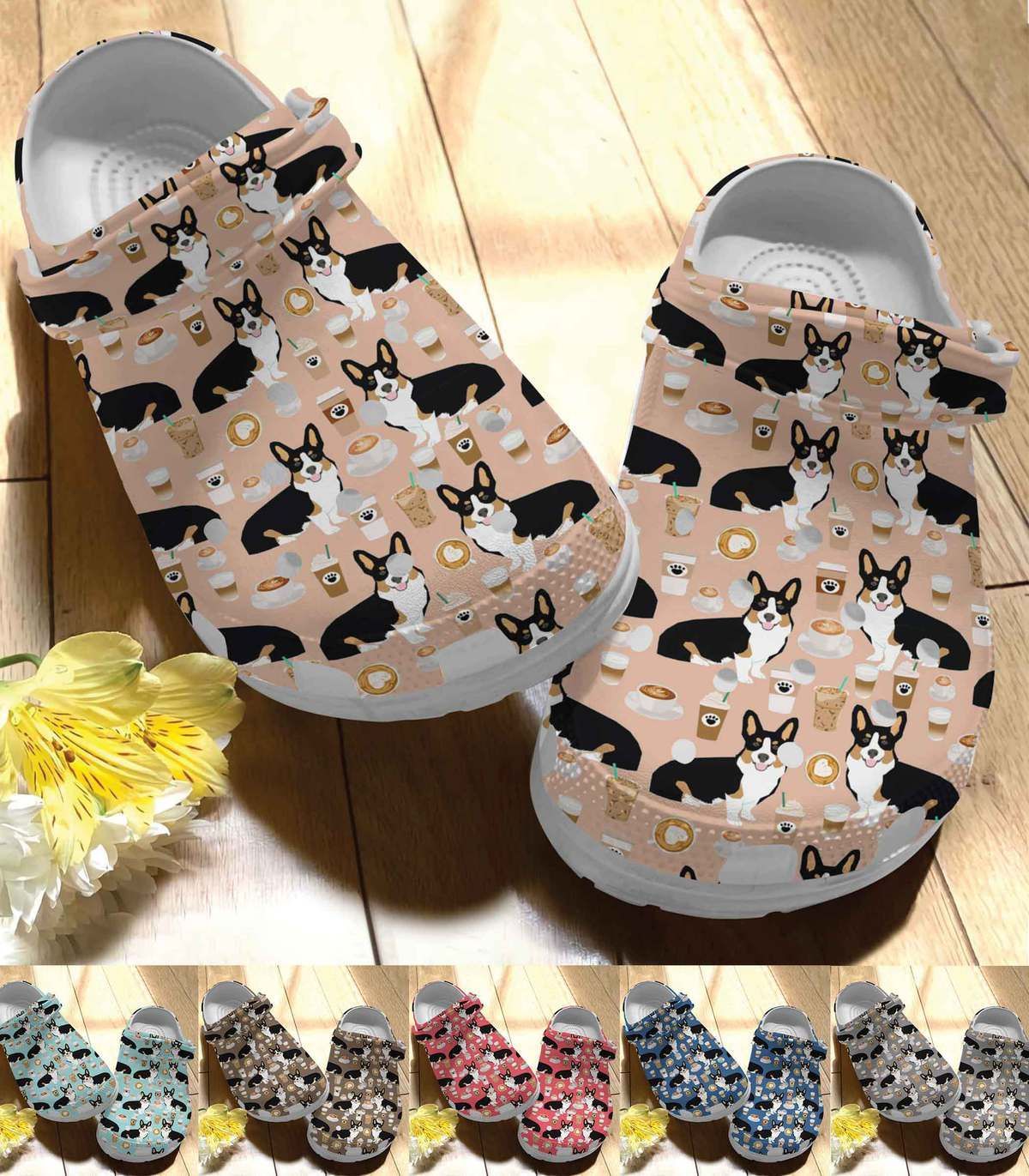 Corgi Personalize Clog, Custom Name, Text, Fashion Style For Women, Men, Kid, Print 3D Whitesole I Love Corgi And Coffee