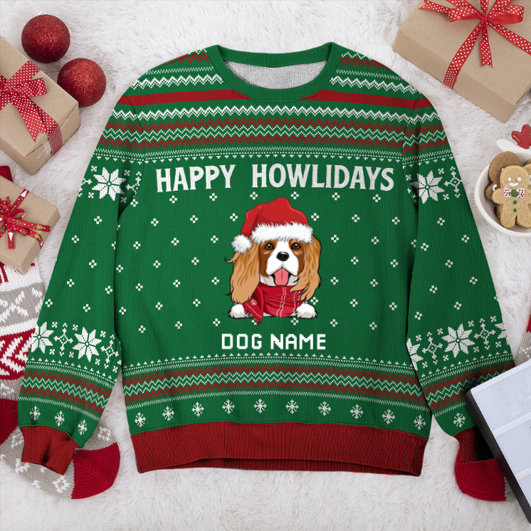 Cavalier Happy Howlidays Personalized Sweater, Dog Ugly Christmas Sweater