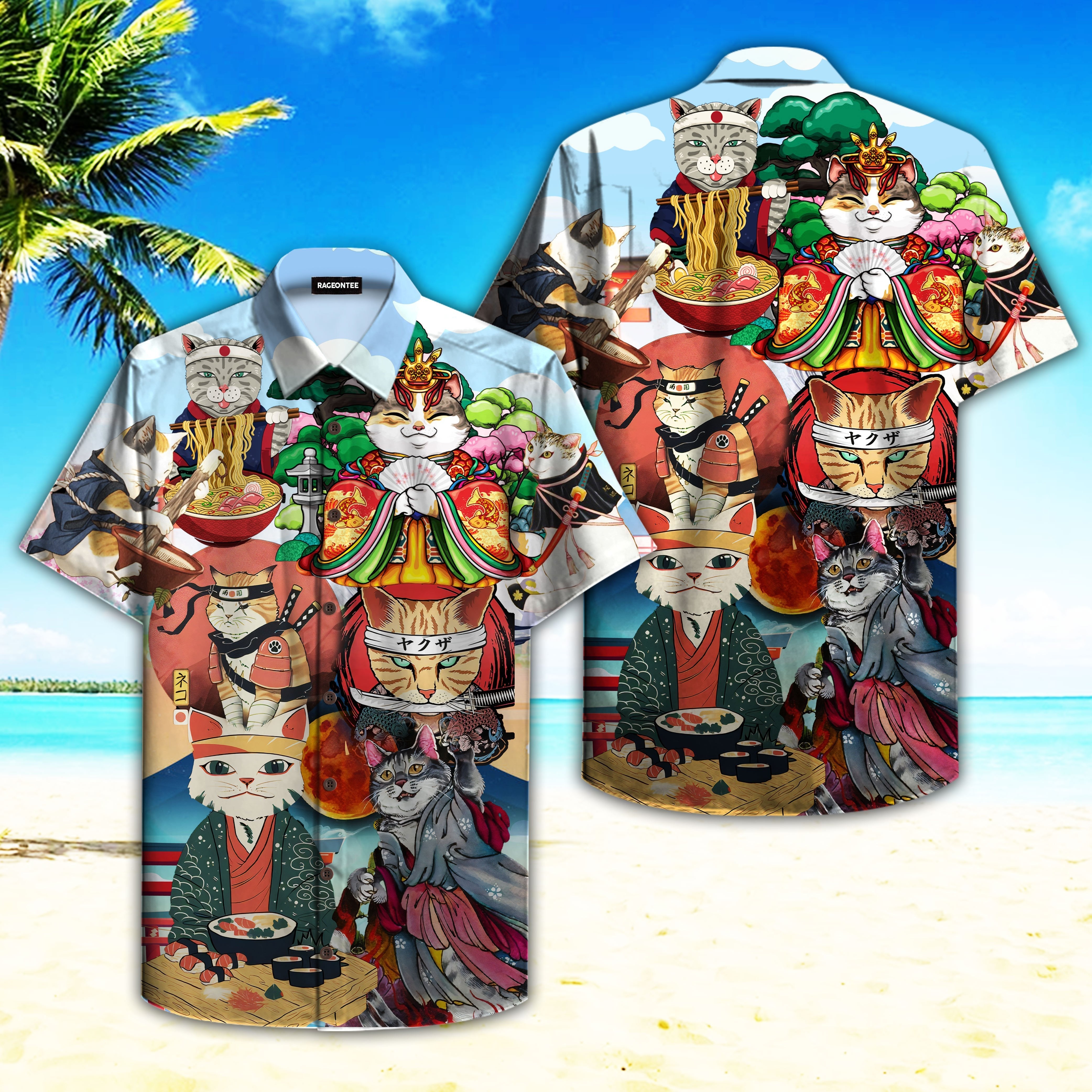 Japanese Neko Cat Hawaii Unisex Print Aloha Short Sleeve Casual Shirt Ha94641