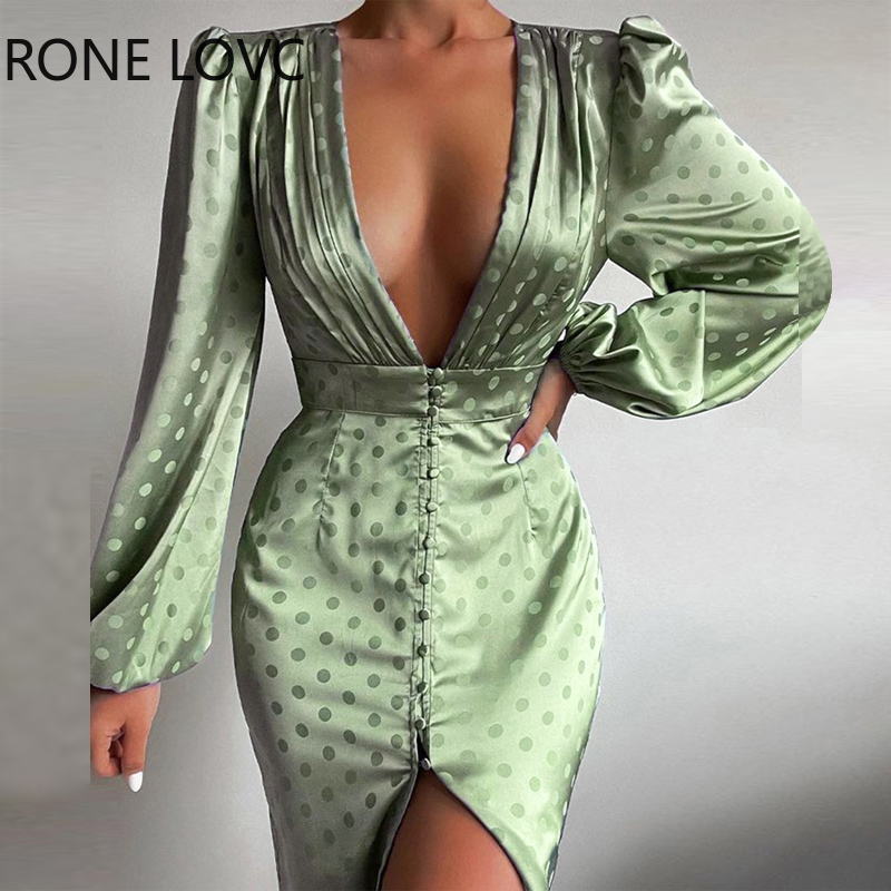 Women Chic Deep V Neck Polka Dot A Line Long Puff Sleeves High Silt Spring&Autumn Sexy Party Satin Dress alx